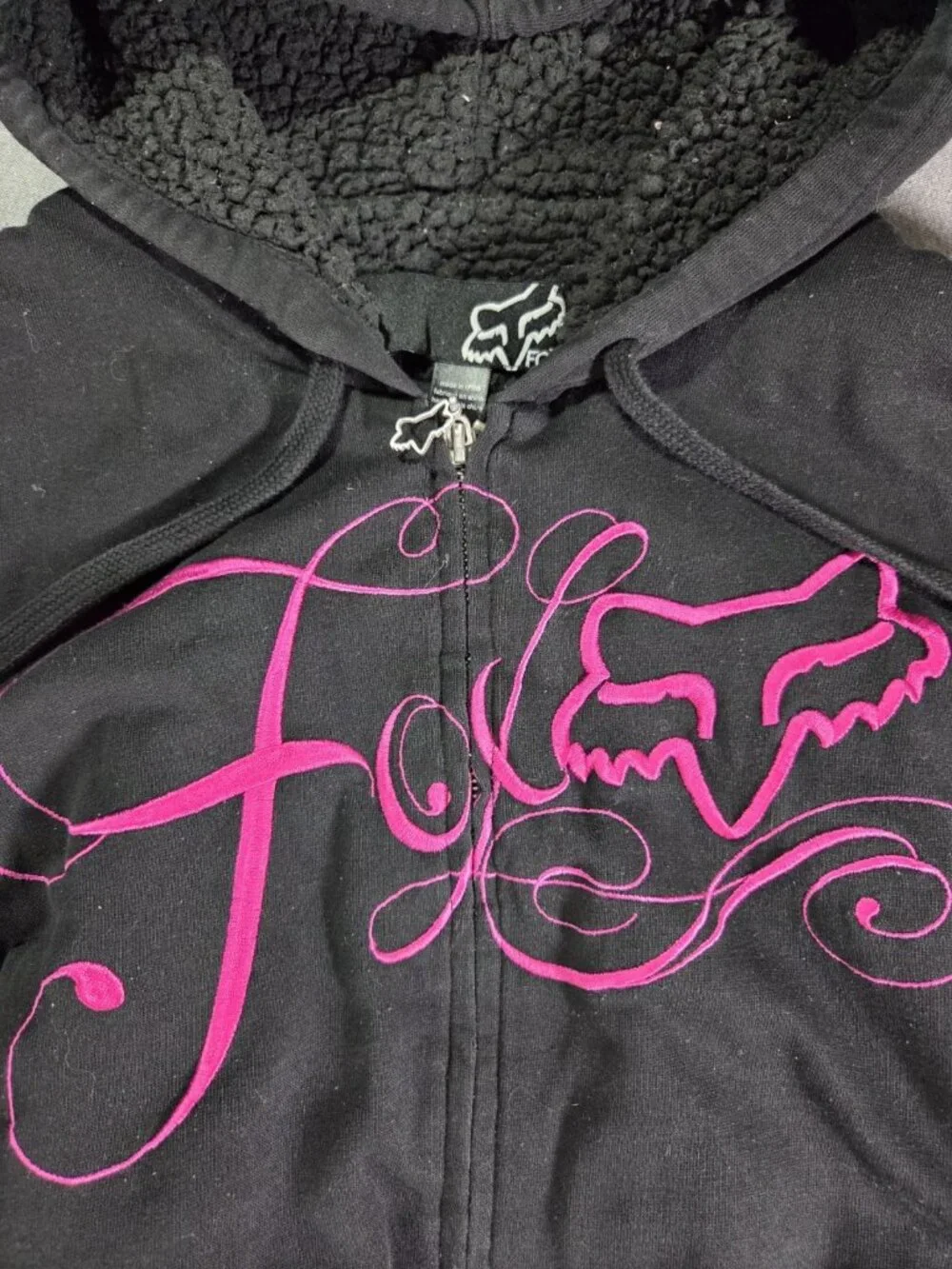 VTG Y2K Fox Racing Womens Full Zip Fur Lined Hoodie Black Pink Embroidered Sz L